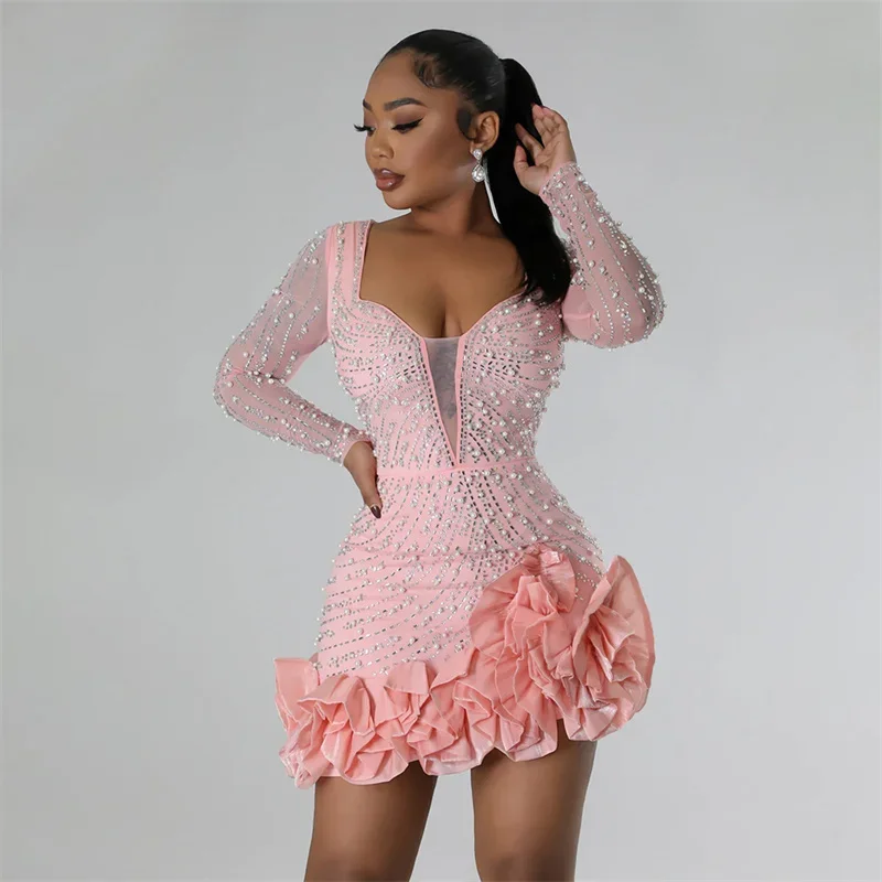 Women's Active Clothing Holiday Sale New Women Mesh Sleeve Bodycon Sexy Diamonds Birthday Party Dress Tierred Ruffles Rhinestone Pearls Night Club Dress Pink