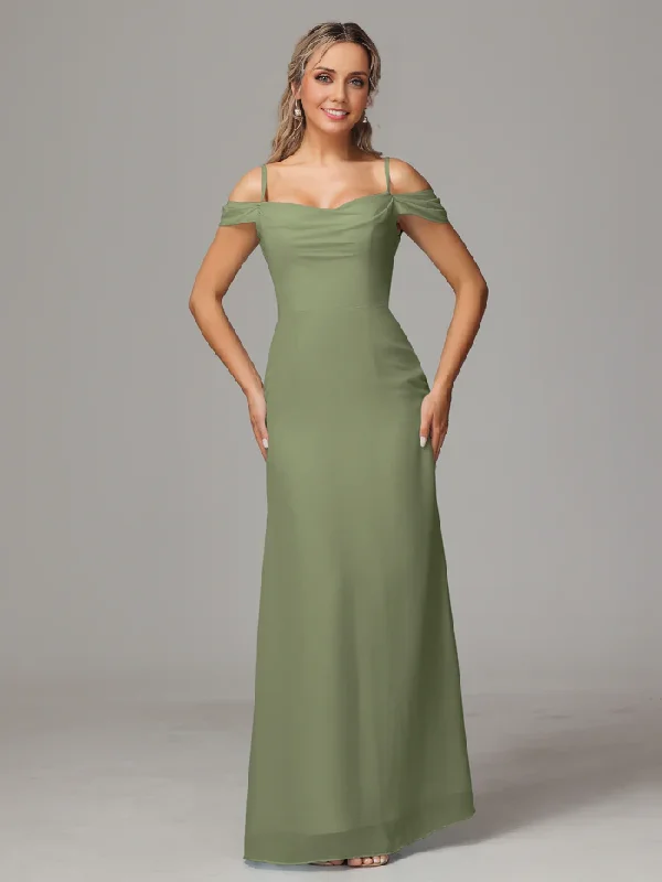 Comfortable Lounge Clothing Polished Finish Spaghetti Straps Off The Shoulder Chiffon Long Bridesmaid Dress With Slit