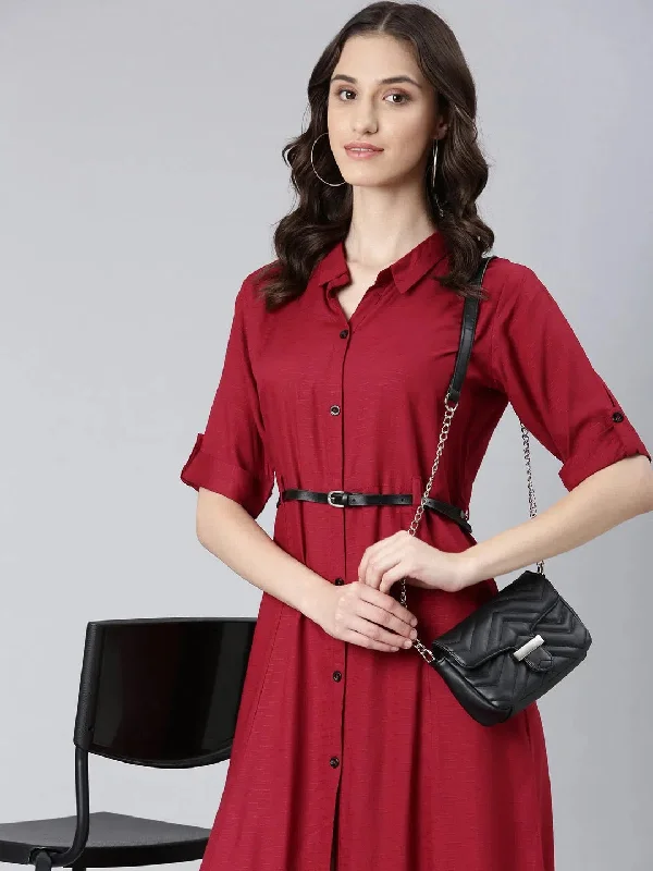 Women's Elegant Outfit Holiday Sale Women Maroon Solid Shirt Dress-DF-1508-Maroon