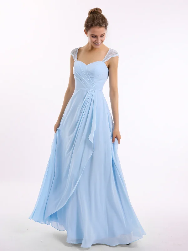 Women's Clothing With Trendy Designs Charming Silhouette Cute A-Line Chiffon Bridesmaid Dresses with Lace Cap Sleeves-Sky Blue