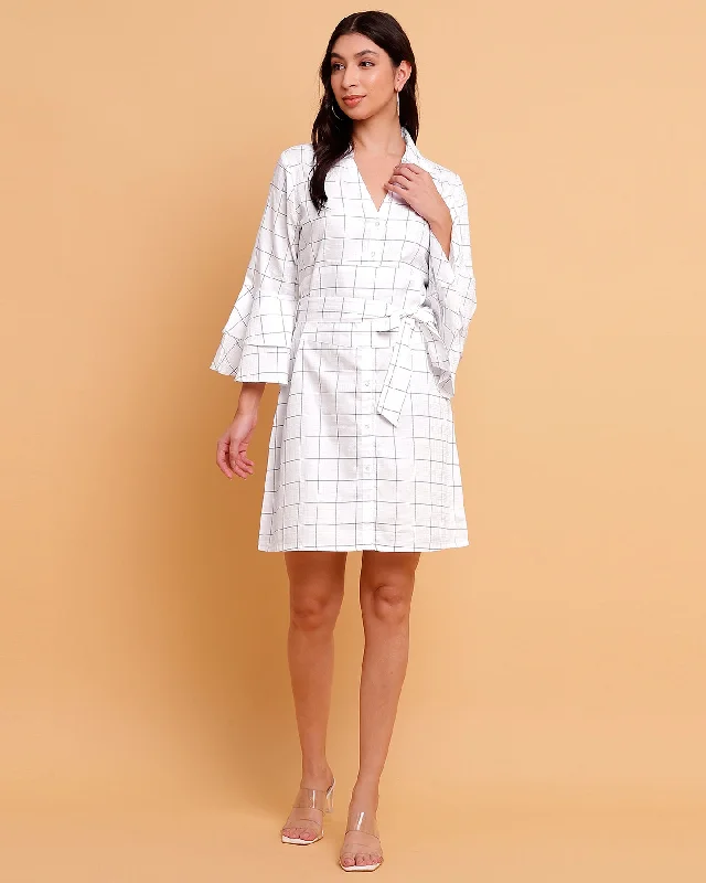 Women's Clothing For Holiday Travel Polished Finish White check shirt dress with detachable belt-2888