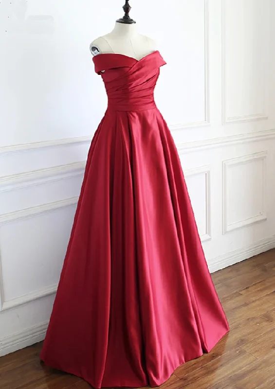 Women's Timeless Attire Flowing Silhouette Wine Red Satin Floor Length Party Dress, A-Line Off Shoulder Prom Dress   cg13504