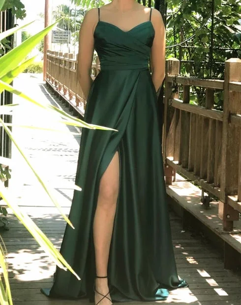 Women's High-Fashion Outfit Vibrant Prints Emerald Green Satin A-Line V Neck Spaghetti Strap Bridesmaid Dresses Split