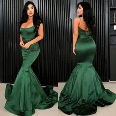 Charming Women's Clothes For Special Events Luxury Style Sexy Mermaid Emerald Satin Lace Up Back Spaghetti Straps Long Prom Dresses  cg7469