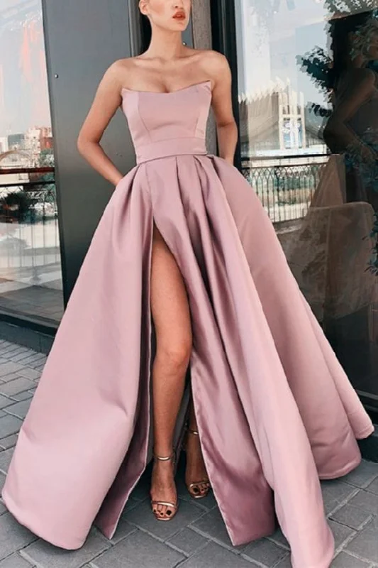 Women's High-End Clothing Effortless Style Mauve Prom Dresses Long Satin Strapless Prom Evening Gown Side Split   cg16721