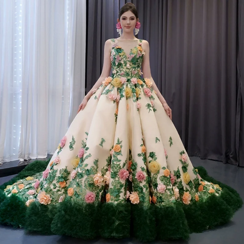 Women's Clothes Statement Piece Champagne 3D Flower Colored Wedding Gown Ruffled Quinceanera Dress