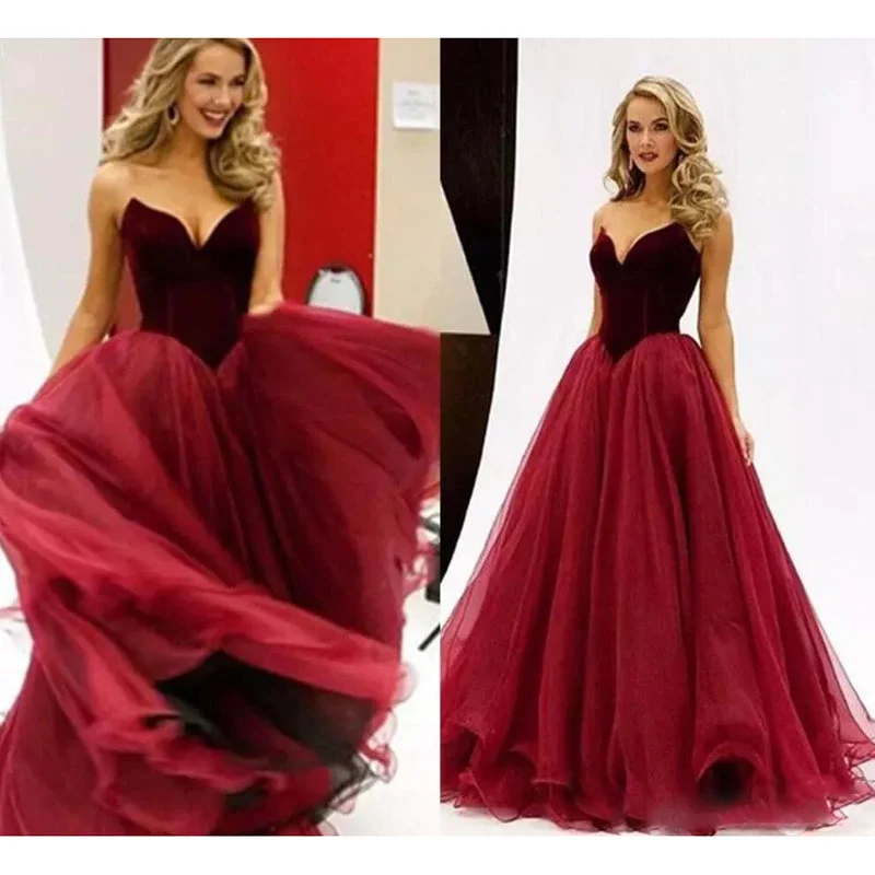 Women's Formal Event Outfit Sophisticated Cut Gorgeous Burgundy A Line Long Prom Dresses Velvet Sweetheart Party Gowns,Organza Evening Formal Gown  LP852