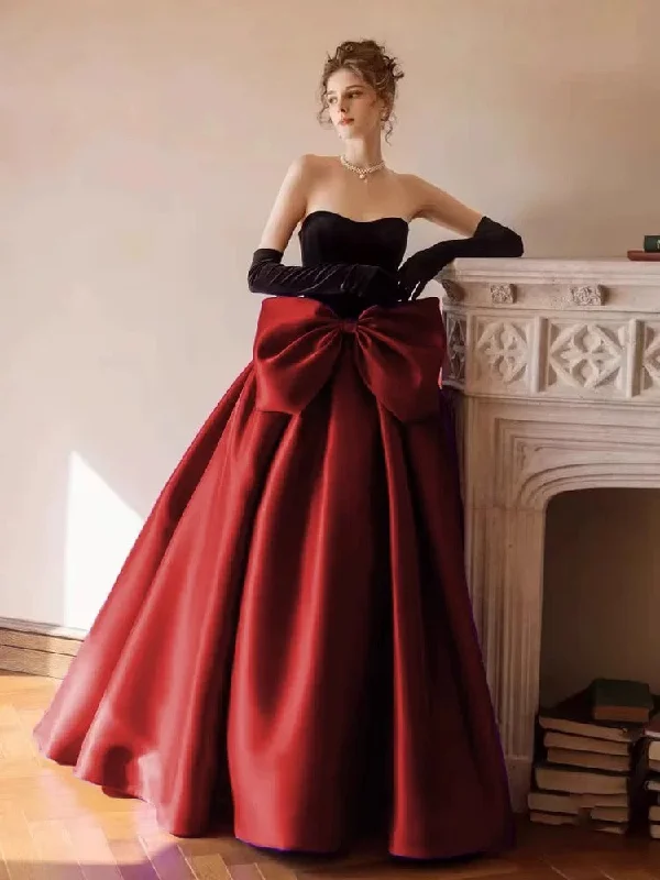 Women's Seasonal Clothes Chic Sophistication Modest Ball Gown Strapless Burgundy Prom Dress With Bow Long Prom Dresses C1656