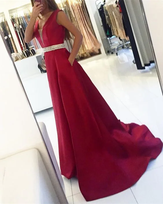 Women's Outerwear Clothing Chic Sophistication Long Deep V Neck Satin Evening prom Dress With Beaded Waist And Pockets    cg14019