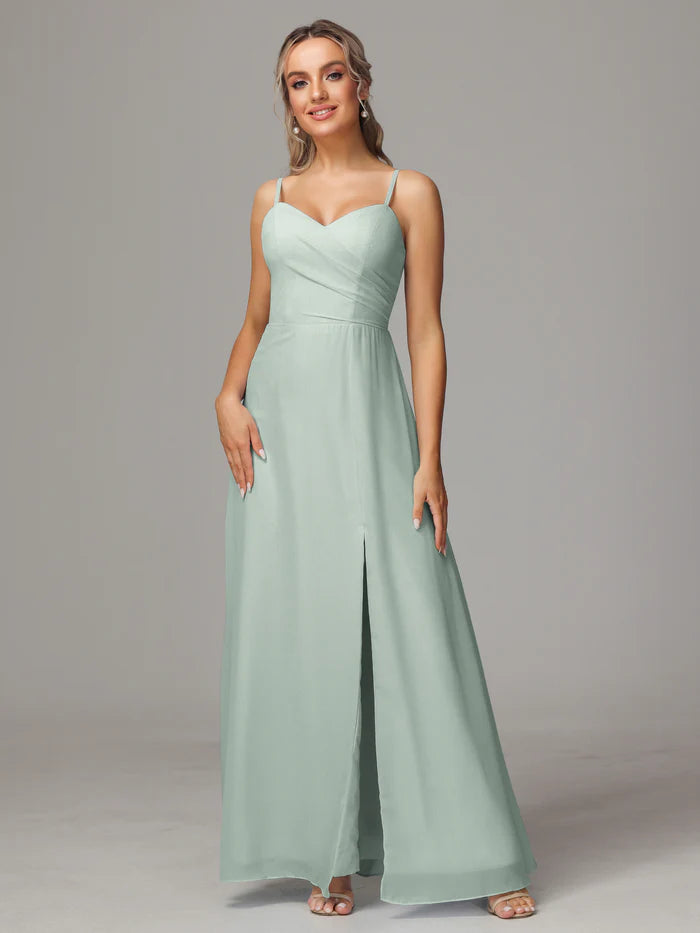 Women's Elegant Clothing Sets Flowing Silhouette Spaghetti Straps Sweetheart Chiffon Floor-length Bridesmaid Dress With Slit