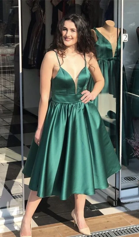 Women's Stylish Vacation Attire Classic Appeal elegant tea length evening dress green satin prom gown   cg13418