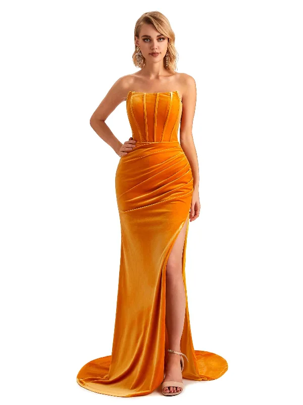 Women's Apparel Modern Glamour Sexy Side Slit Mermaid Strapless Velvet Long Bridesmaid Dresses Online