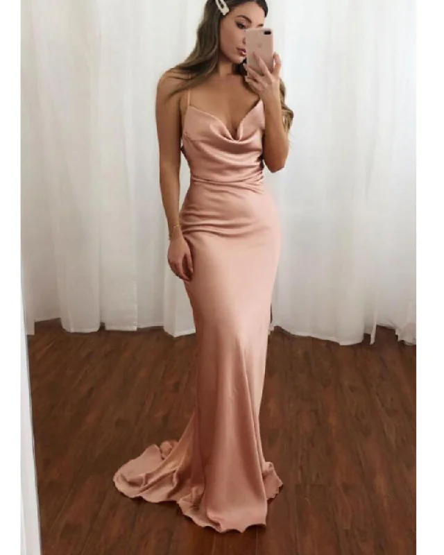 Trendy Athleisure Clothing For Women Polished Finish Sheath Blush Pink Mermaid Satin Ball Gala Evening Party Long Dress with Spaghettti Straps PL09112