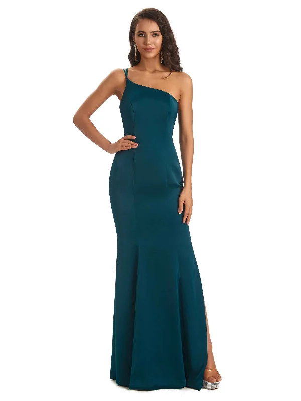 Women's Outfit Limited - Time Bundle Sexy Soft Satin Side Slit One Shoulder Chic Mermaid Bridesmaid Dresses Online