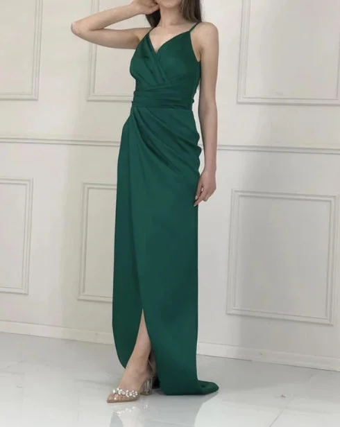 Women's Formal Event Outfit Minimalist Chic Sheath Bridesmaid Dresses Pleated V Neck Split Floor-length Evening Dresses