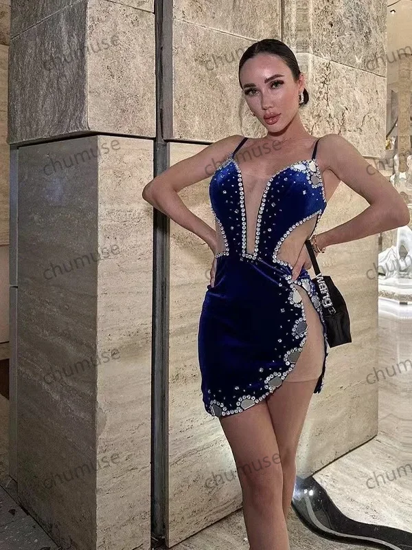 Women's Work Outfit Modern Romance Blue Luxury Diamond Prom Party Bandage Dress Sexy Strapless Sleeveless Black Cocktail Evening Runway Club Dress