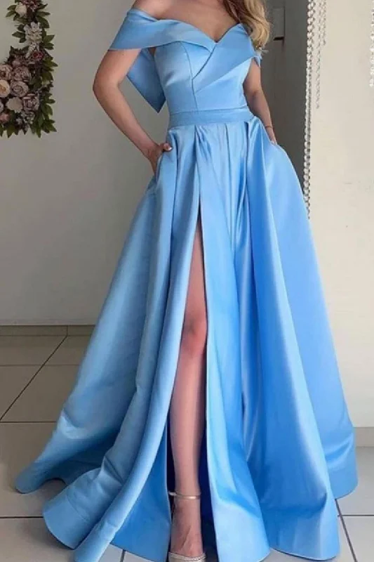 Women's Sporty Chic Clothes Classic Charm Simple off shoulder satin long blue prom dress, blue evening dress   cg14336