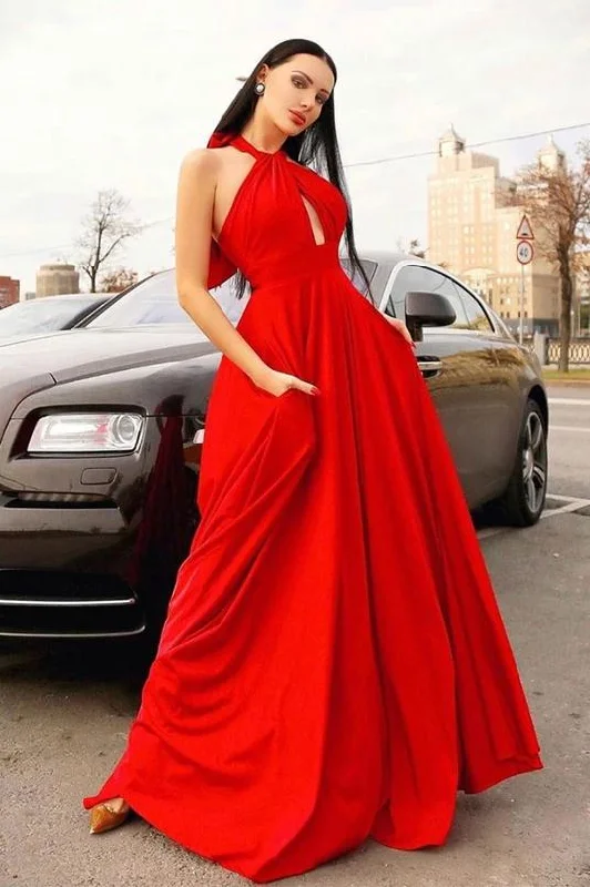 Classic Clothes For Women Charming Silhouette Stylish Red Halter Long Prom Dresses Floor Length Sleeveless Evening Dresses with Pockets N2619