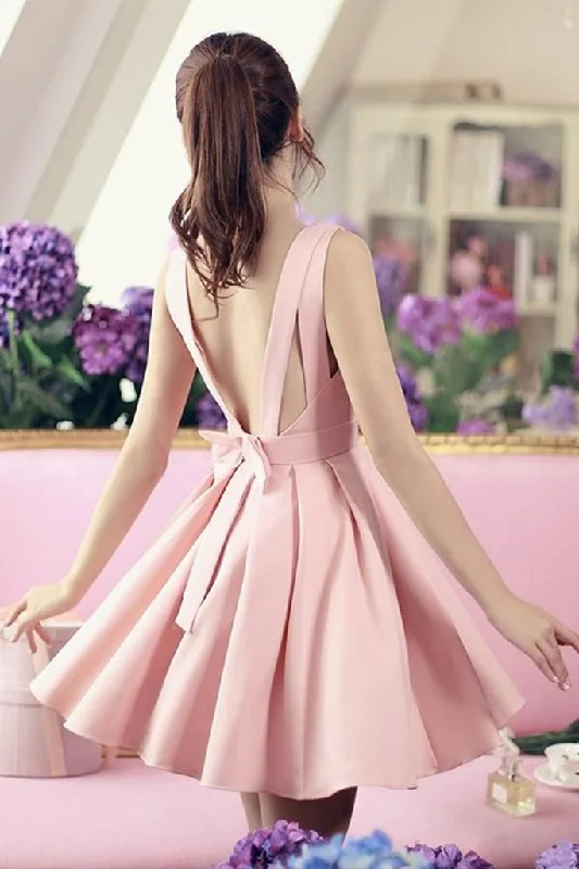 Women's Elegant Evening Attire Elegant Ensemble Cute V Neck Open Back Pink Satin Short Homecoming Dress, V Neck Pink Formal Graduation Evening Dress   cg22584