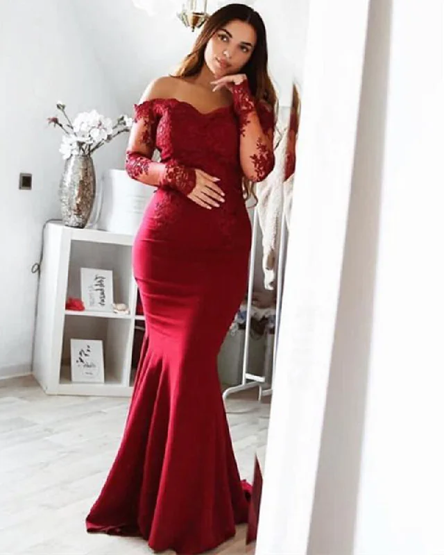 Sustainable Women's Clothes Artful Design Wine Red /Black Long Sleeves Prom Dress Women Formal Party Gown for Evening