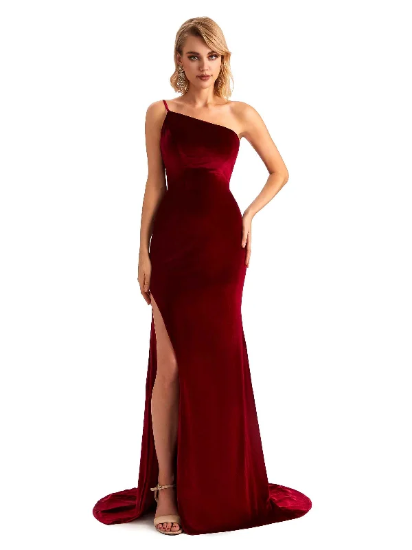 Women's Work Outfit For The Office Mid - Week Surprise Sexy Side Slit Mermaid One Shoulder Formal Velvet Long Bridesmaid Dresses