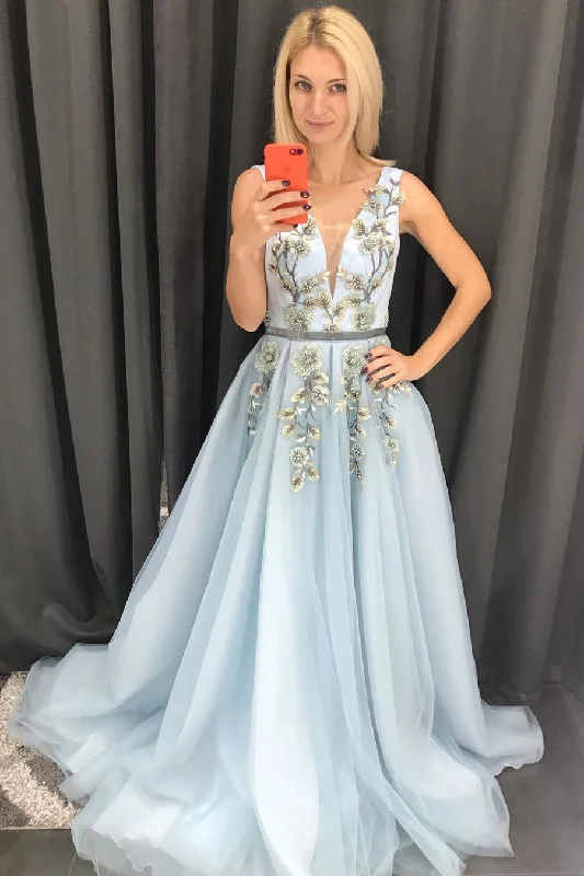 Affordable Trendy Clothes For Women Graceful Drape Baby Blue Tulle V-Neck Long Prom Dress A Line Sleeveless Appliques Evening Dress N2628