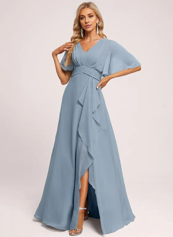 Women's Work Outfit Exquisite Craftsmanship Formal Wear Dresses Bridesmaid Dresses Elegant V Neck Flutter Sleeve Ruffle Side Fork Long Wedding Guest Dresses