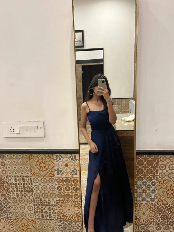 Casual Chic Women's Clothes Exquisite Craftsmanship Navy Blue Evening Dresses Long Prom Gown With Slit     cg25158