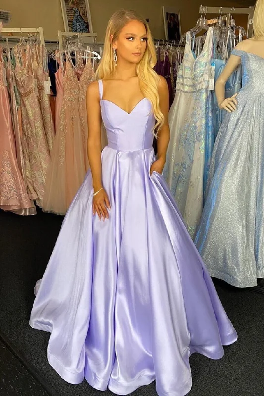 Women's Date Night Outfit Feminine Soft - Hued Styles A Line V Neck Purple Satin Long Prom Dress with Pockets, V Neck Purple Formal Graduation Evening Dress   cg16457