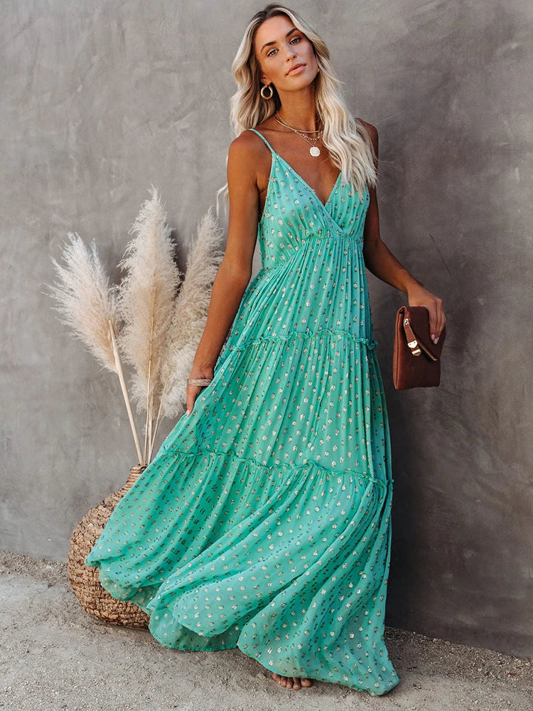 Modern Women's Apparel Limited - Time Bundle FashionSierra - 2024 Sleeveless Spaghetti Strap Pleated V Neck Maxi Boho Dress