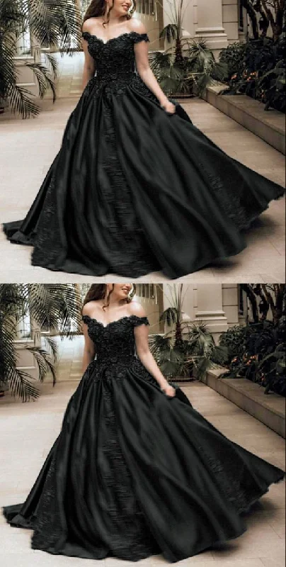 Women's High-Fashion Clothes Feminine Charm Elegant black satin prom ball gown dresses lace beaded off the shoulder   cg23656