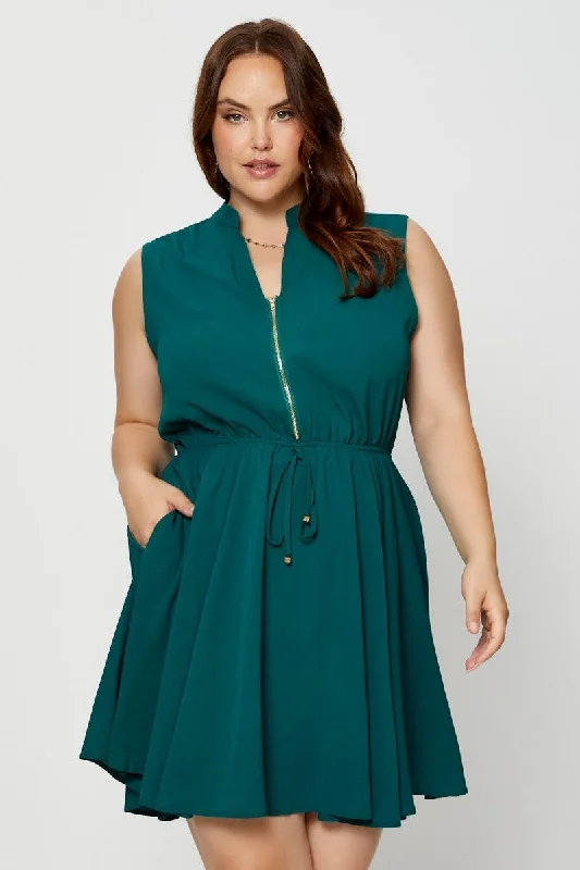 Affordable Women's Apparel Classic Appeal Green Shirt Dress V-neck Sleeveless Button