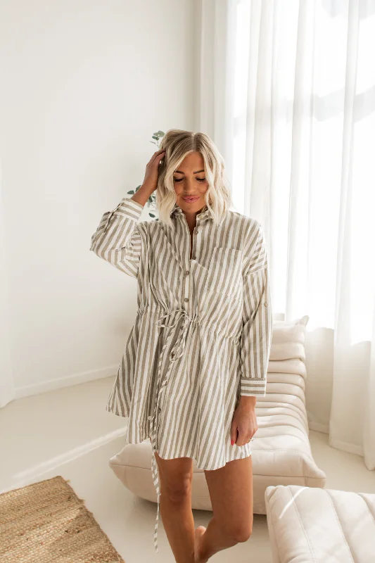 Women's Elegant Clothes Bold Patterns Quinn Striped Shirt Dress | Light Olive