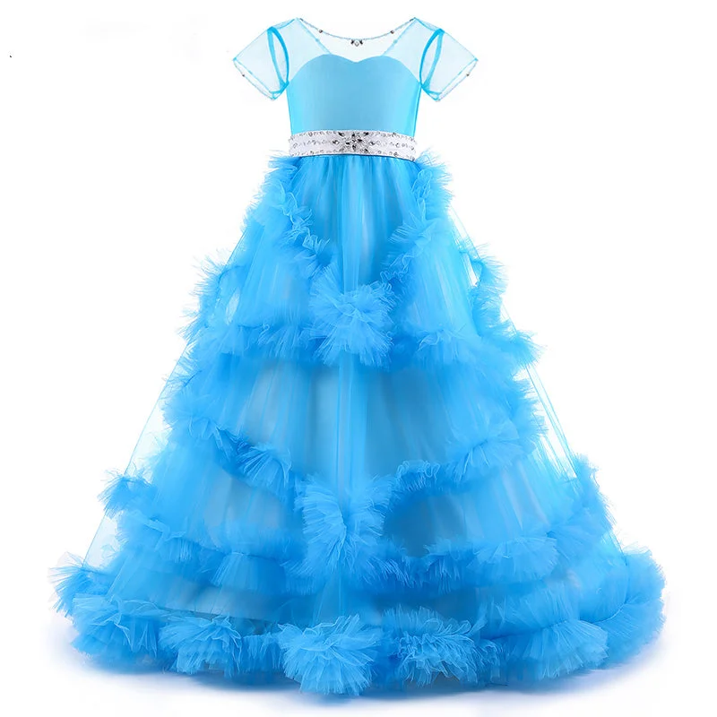 Women's Clothing Apparel Feminine Elegance Blue/Pink Short Sleeves Ball Gown Flower Girl Dresses Floor Length Children Pageant Gown