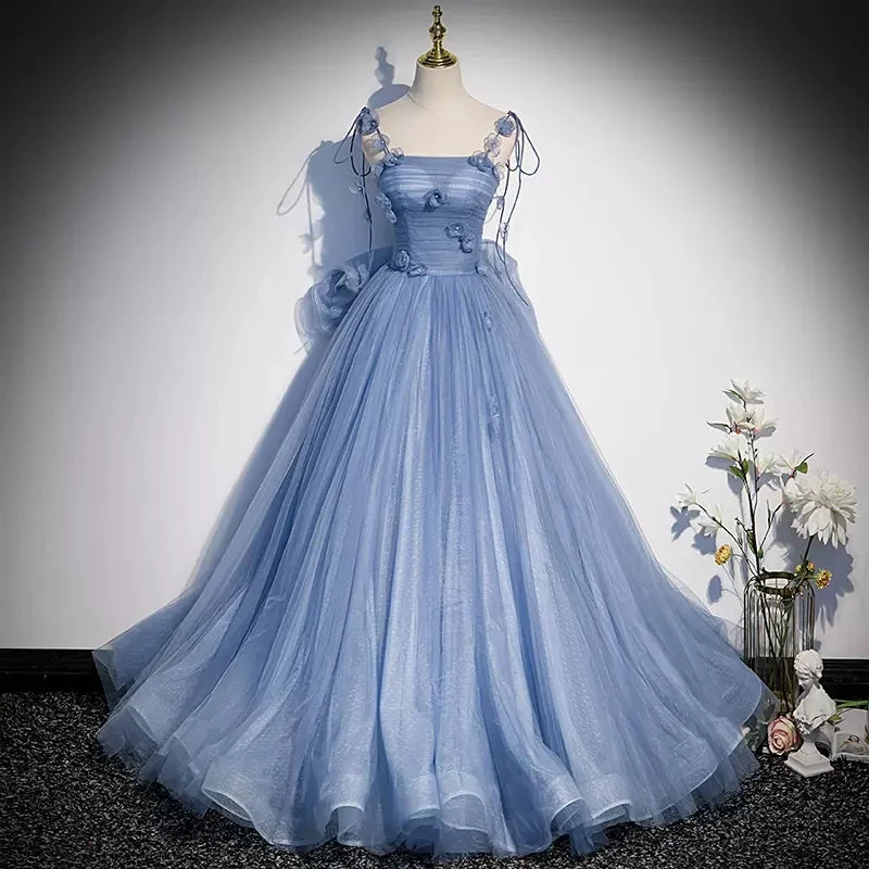 Modern Women's Clothes Polished Finish Ball Gown Blue Tulle Long Prom Dresses Sweet 16 Dress SH130