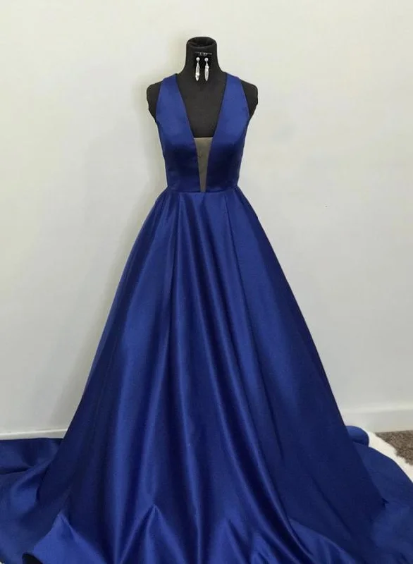 Casual Chic Women's Clothes Romantic Detailing Blue v neck satin long prom dress blue evening dress    cg14426