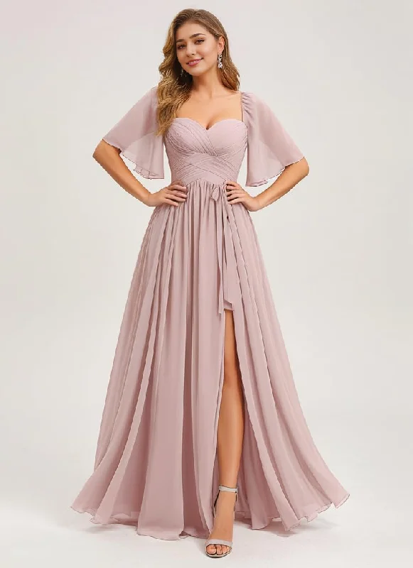 Women's Casual Clothing For Lounging Feminine Elegant Formal Wear Dresses Bridesmaid Dresses A Line Flutter Sleeves Ruched Chiffon Side Fork Long Wedding Guest Dresses