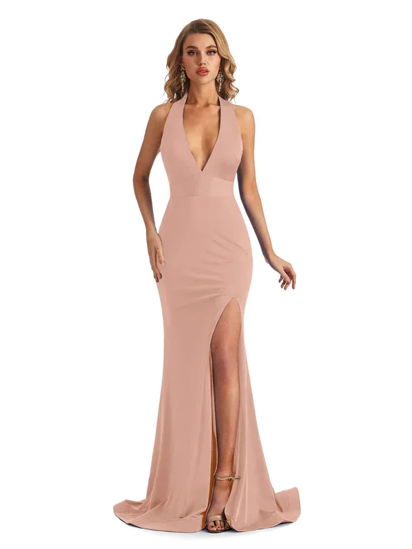 Stylish Outerwear Clothing For Women Effortless Comfort Sexy Mermaid Halter V-Neck Side Slit Stretchy Jersey Long Formal Bridesmaid Dresses In Stock