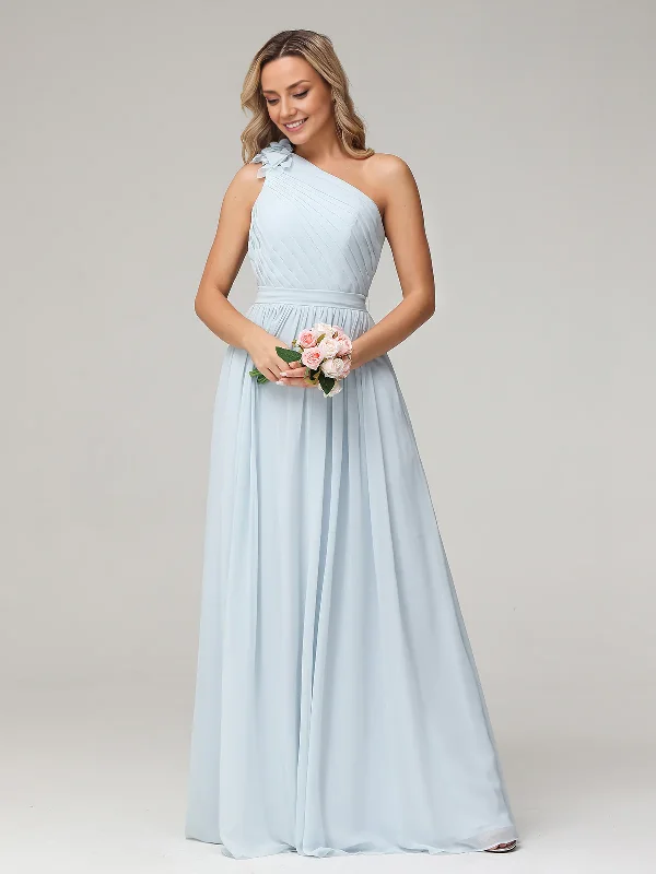 Stylish And Comfortable Clothing For Women Feminine Soft - Hued Styles One Flower Shoulder Chiffon Dresses with Pocket Mist Ruched Bridesmaid Dresses