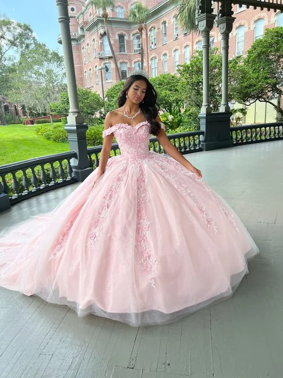 Women's Clothes For Outdoor Events Bohemian Vibe Pink Tulle Applique Long Prom Dress Quinceanera Dress Ball Gown SH970