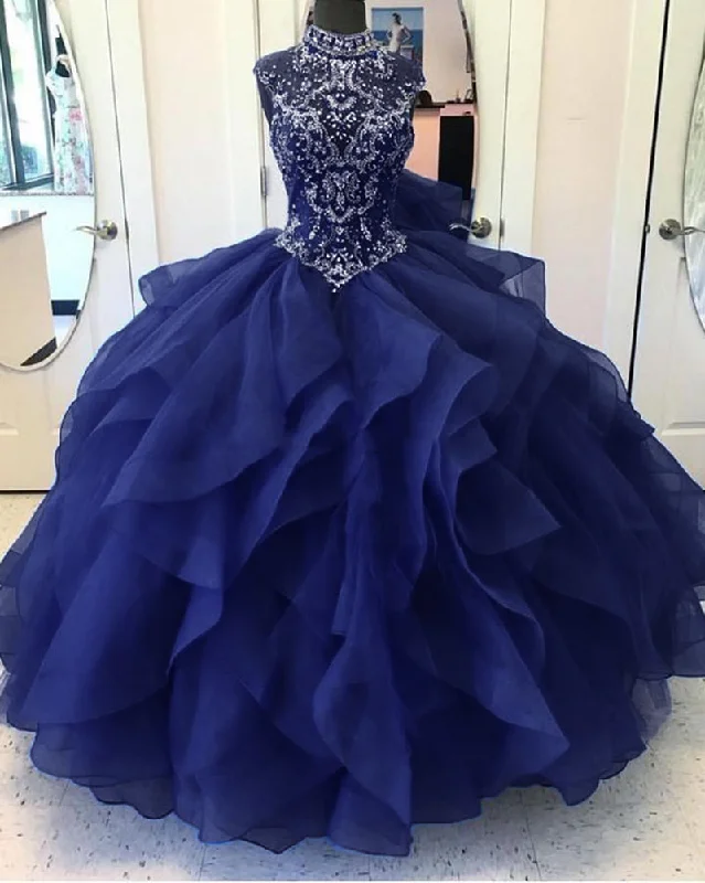 Casual Clothes For Women Vintage Charm Fantastic High Neck Navy Blue Bodice Corset Ball Gown Sweet 16 Quinceanera Gown Puffy Organza Prom Dress 2022 Debutante LP1151