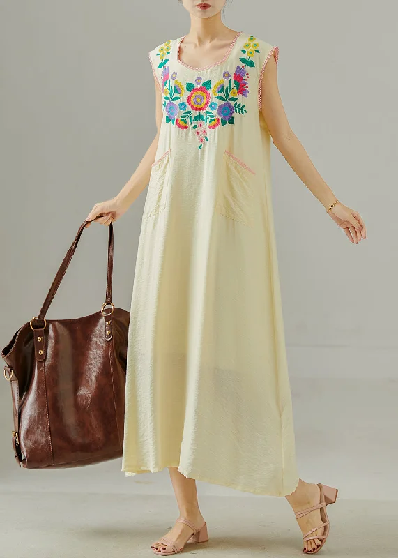 Women's Clothes For Work Events Artful Design Boho Apricot Embroidered Cotton Long Dress Sleeveless