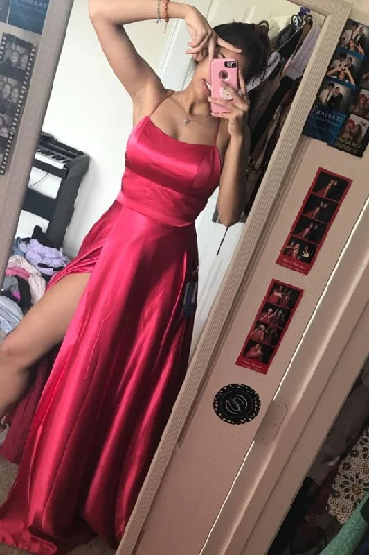 Women's Clothing Sets Alluring Design princess red satin long prom dress with side slit and lace up back   cg16985