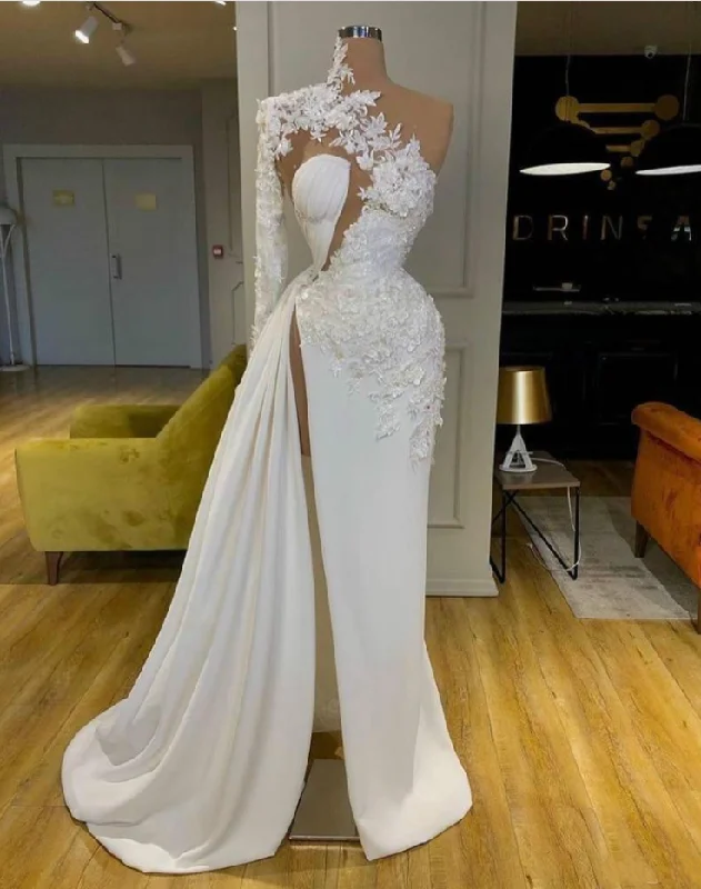 Timeless Women's Clothing Refined Look Exquisite Lace White Prom Dresses High Neck One Shoulder Long Sleeve Formal Evening Gowns Side Split Robes De Mariée T2781