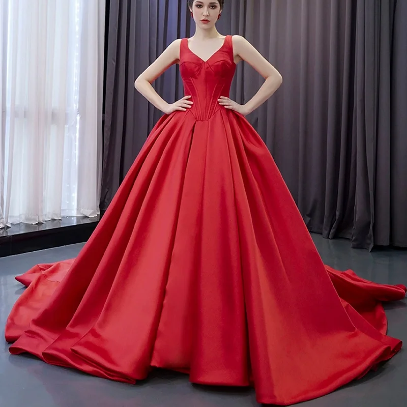 Women's Seasonal Wardrobe Clothing Discounts on Casual Weekend Styles Ball Gown Satin Red Wedding Dress Formal Prom Gown with Double V