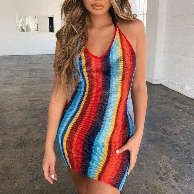 Women's Casual Outfit Elegant Details FashionSierra - Women Summer Clothes Sexy Halter Backless Sleeveless Colorful Stripe Bodycon Tunic Mini Dress Elegant Party Club Wrap Dresses