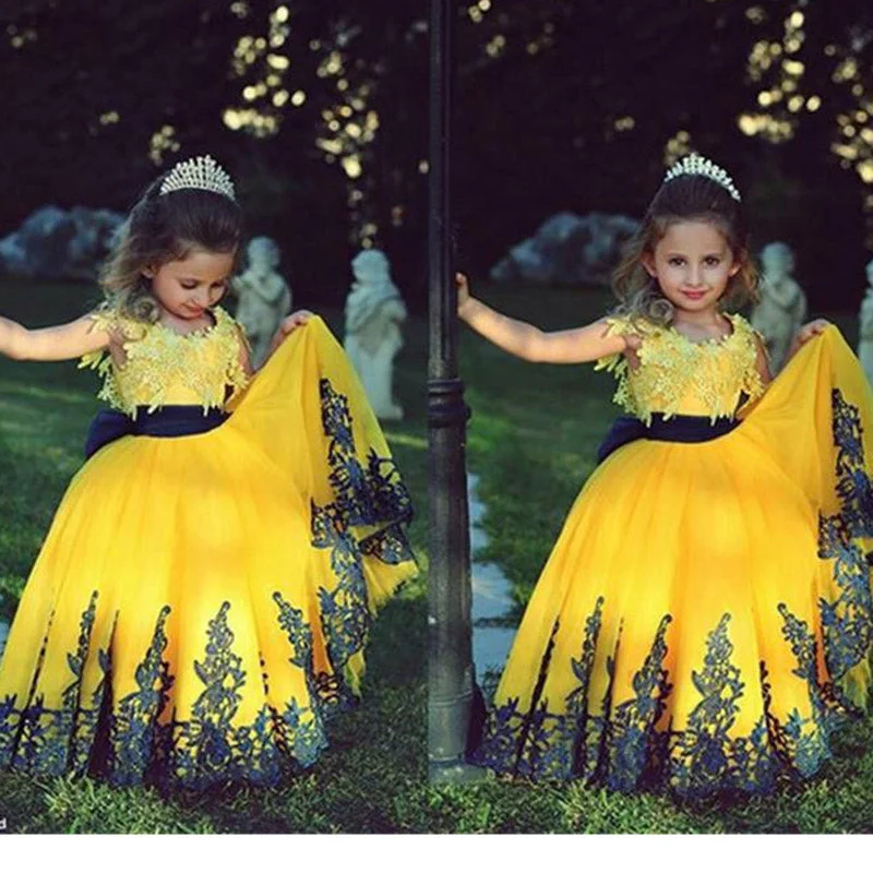 Women's Casual Clothing For Lounging Luxury Style LP1332 Yellow and Black Flower Girl Dress Child Pageant Dress Lace little Girl Birthday party Gown