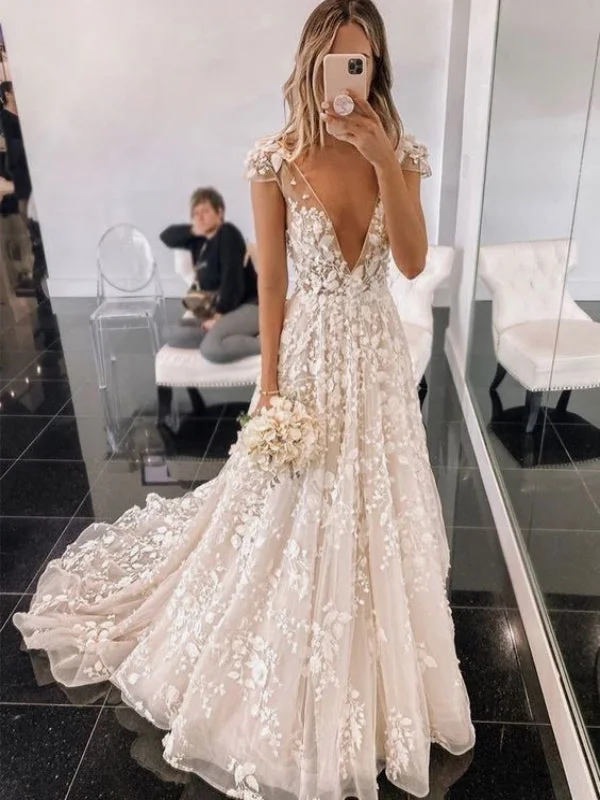 Women's Elegant Clothing Sets Feminine Elegant V-neck Appliques Wedding Dresses, Popular Wedding Dresses, Elegant Wedding Dresses