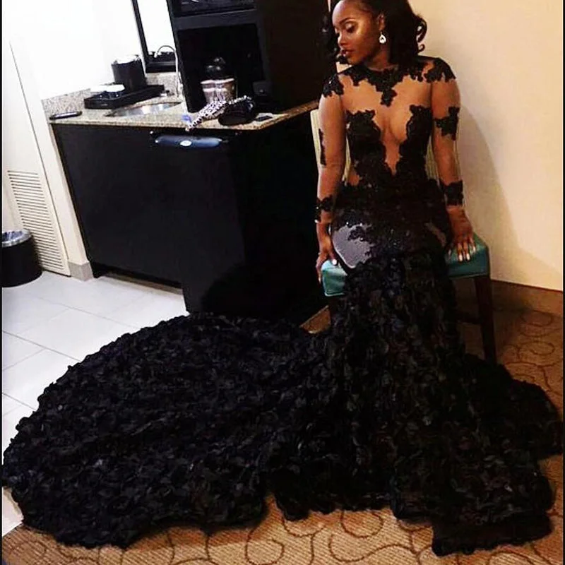 Women's Fashion-Forward Apparel Last Chance Sale Stunning Black African Prom Dresses Mermaid Illusion Flowers Long Sleeves Evening Dress Long Sweep Train arabic dresses dubai Party Gowns