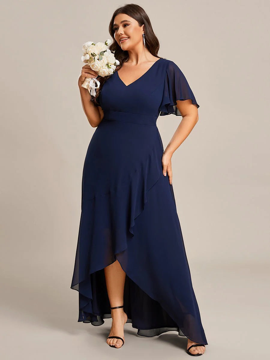 Women's Seasonal Attire Dreamy Aesthetic Sleeved hi low bridesmaid dress in navy wide